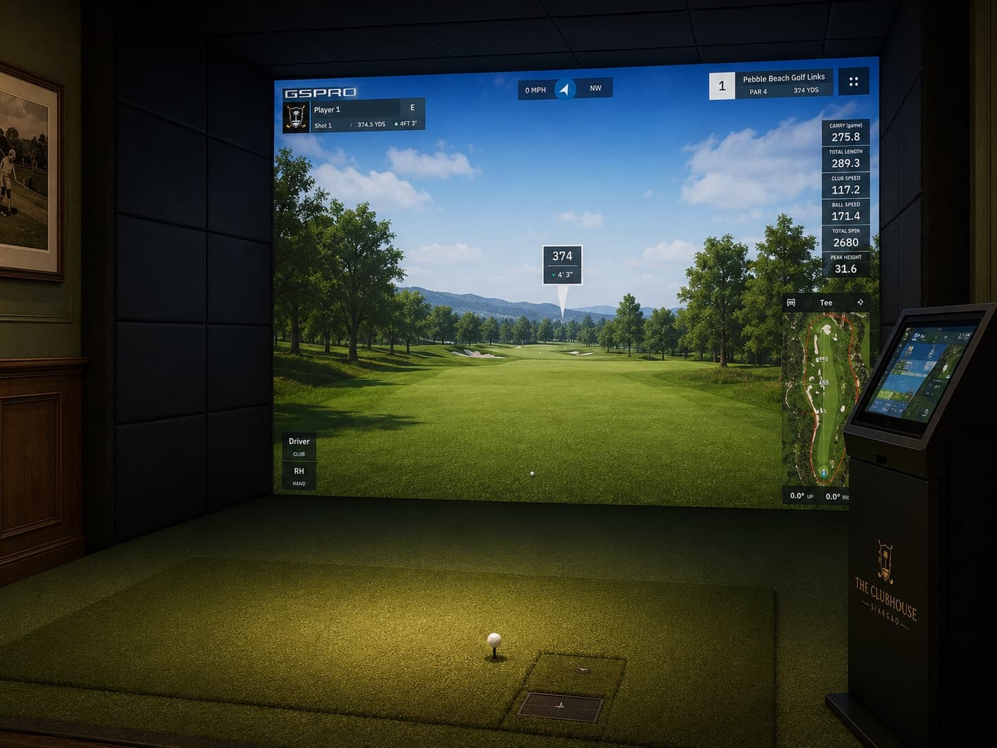 Close-up of a premium indoor golf simulator bay at The Clubhouse