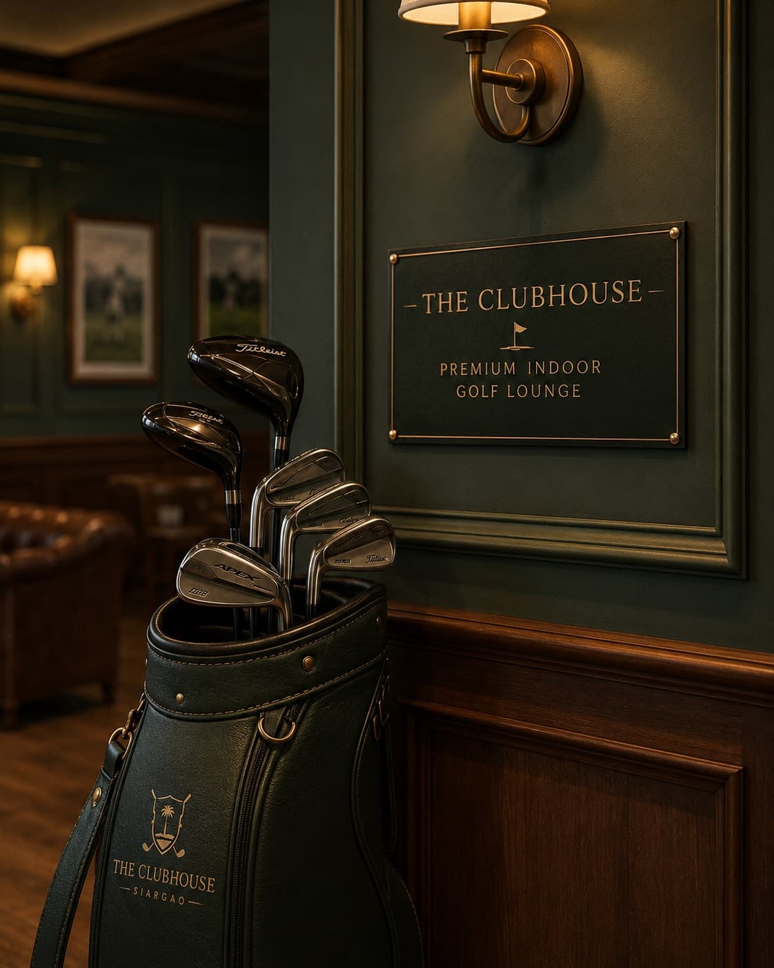 Golf clubs arranged inside a warm refined clubhouse interior