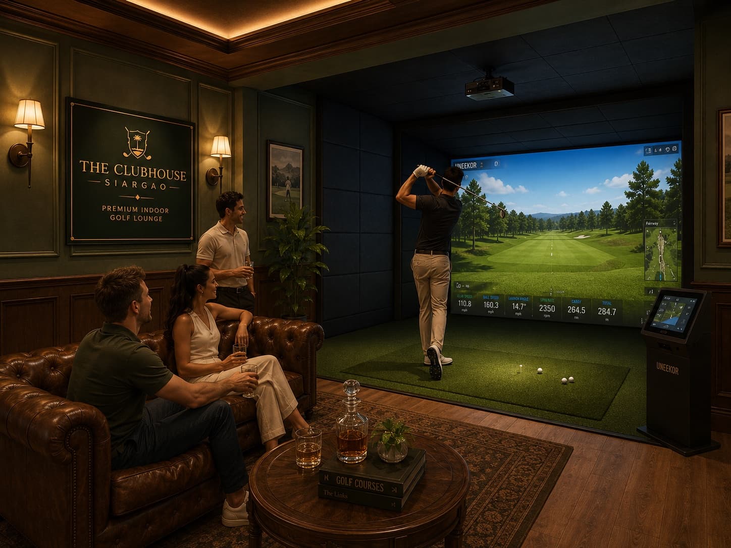 Friends enjoying a social indoor golf match at The Clubhouse Siargao